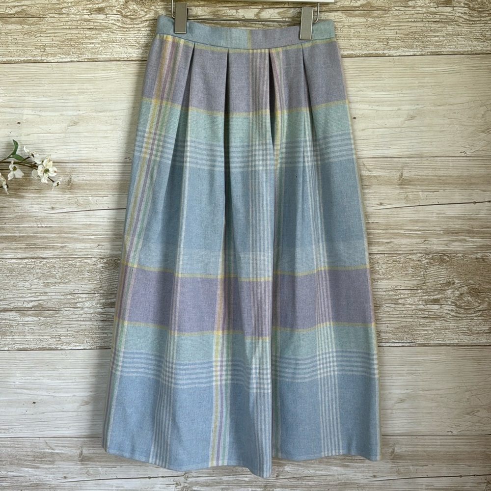 Vintage Pastel Plaid Midi Skirt in Blue and Lavender